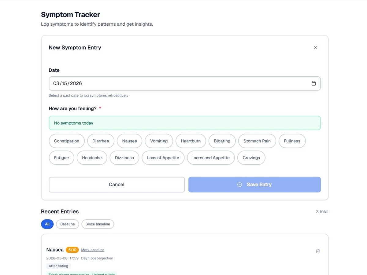 Structured symptom logging screen in The Gut Lab app